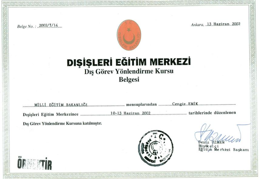 Dışişleri Bakanlığı Eğitim Merkezi - Dış Görev Yönlendirme Kursu Belgesi, 2002