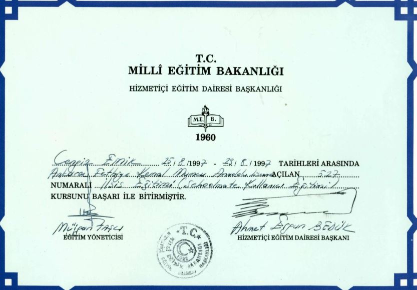 MEB Hizmetiçi Eğitim Dairesi Başkanlığı - Kurs Belgesi, Fethiye Kemal Mumcu Anadolu Lisesi, 1997