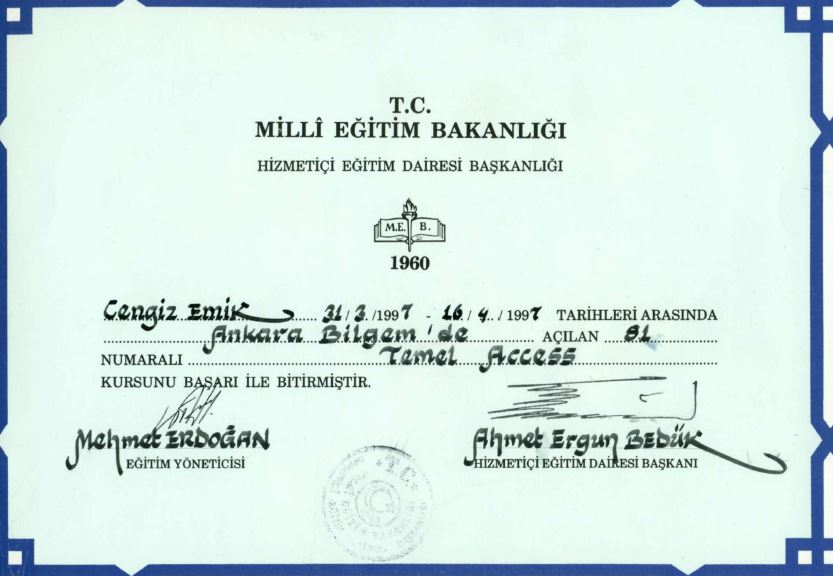 MEB Hizmetiçi Eğitim Dairesi Başkanlığı - Temel Access Kursu Belgesi, 1997