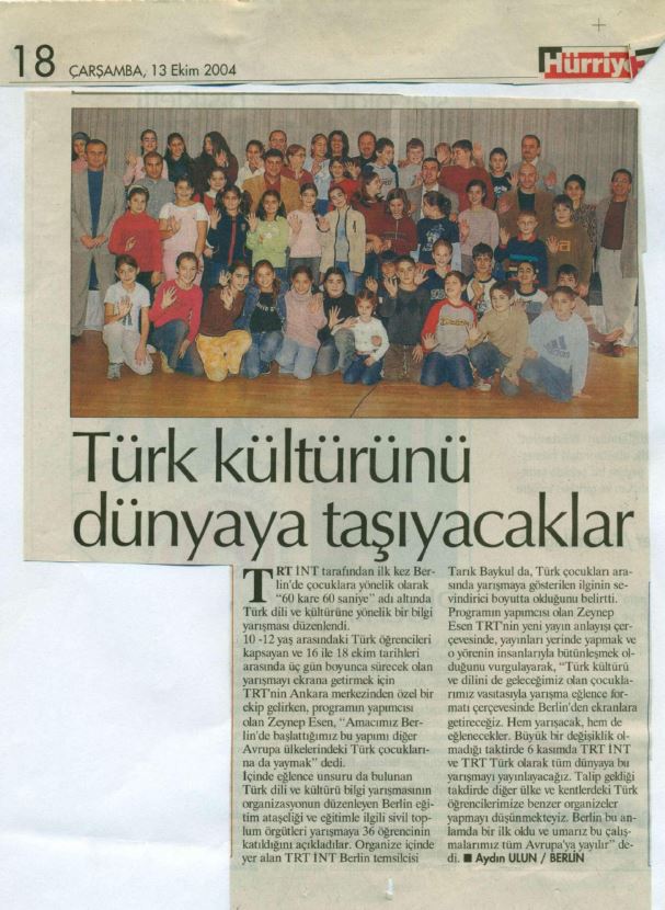 Hürriyet - Türk Kültürünü Dünyaya Taşıyacaklar, TRT INT Bilgi Yarışması Haberi, 2004