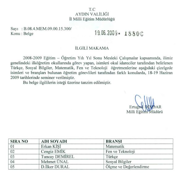Aydın Valiliği İl Milli Eğitim Müdürlüğü - Yıl Sonu Mesleki Çalışmalar Kapsamında Verilen Seminer Belgesi, 2009