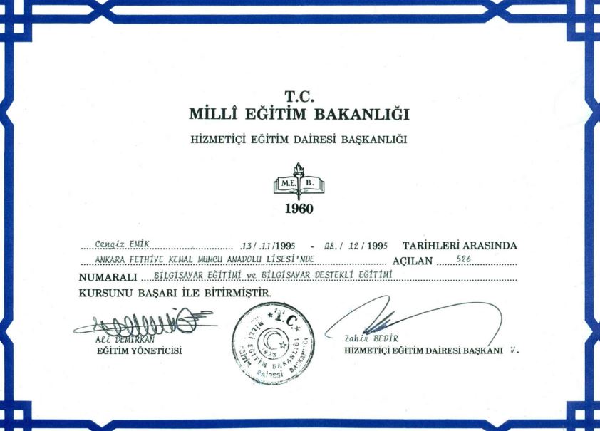 MEB Hizmetiçi Eğitim Dairesi Başkanlığı - Bilgisayar Eğitimi ve Bilgisayar Destekli Eğitim Kurs Belgesi, 1995