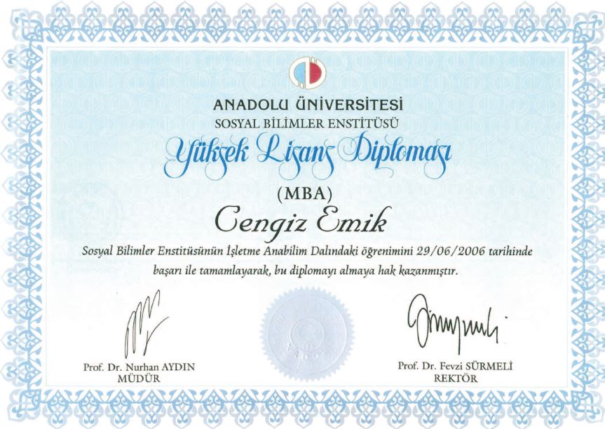 Anadolu Üniversitesi İşletme Yüksek Lisans Diploması