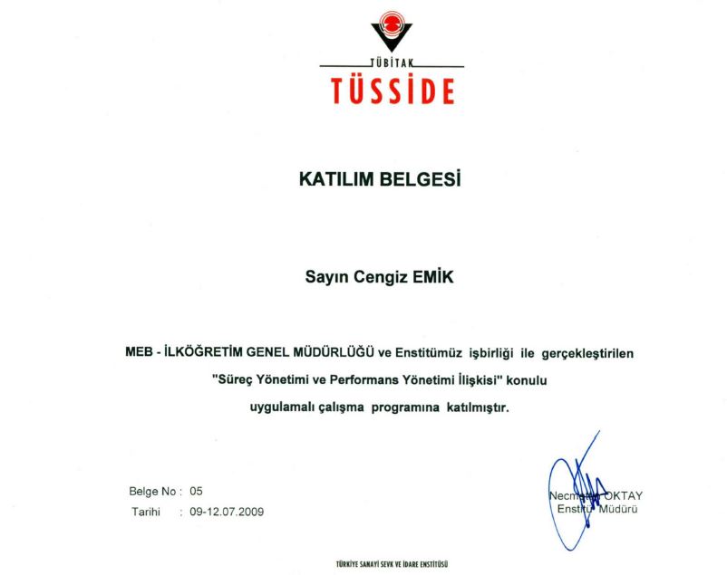 TÜBİTAK TÜSSİDE - Süreç Yönetimi ve Performans Yönetimi İlişkisi Katılım Belgesi, 2009