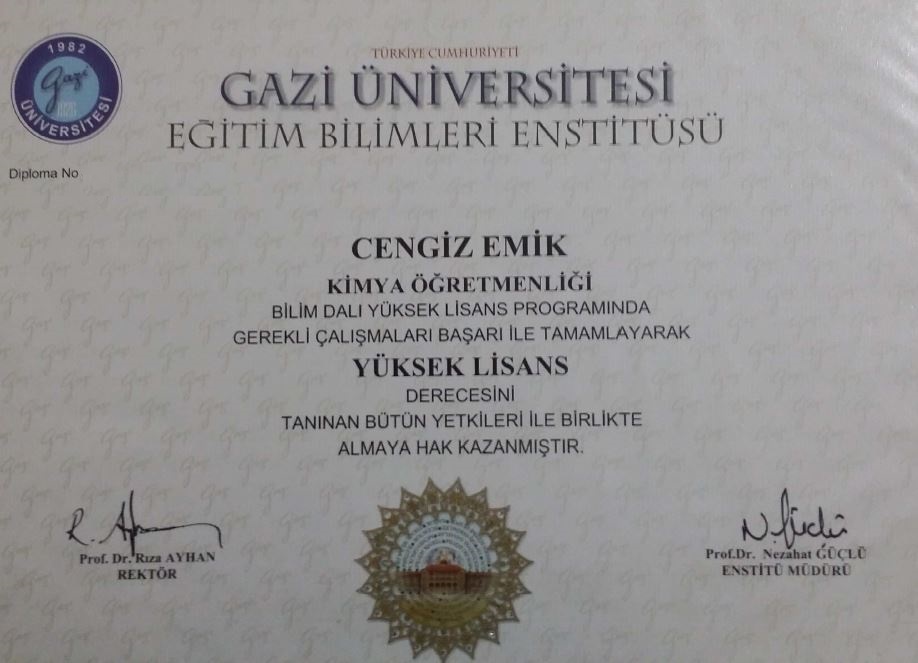 Gazi Üniversitesi Kimya Eğitimi Yüksek Lisans Diploması