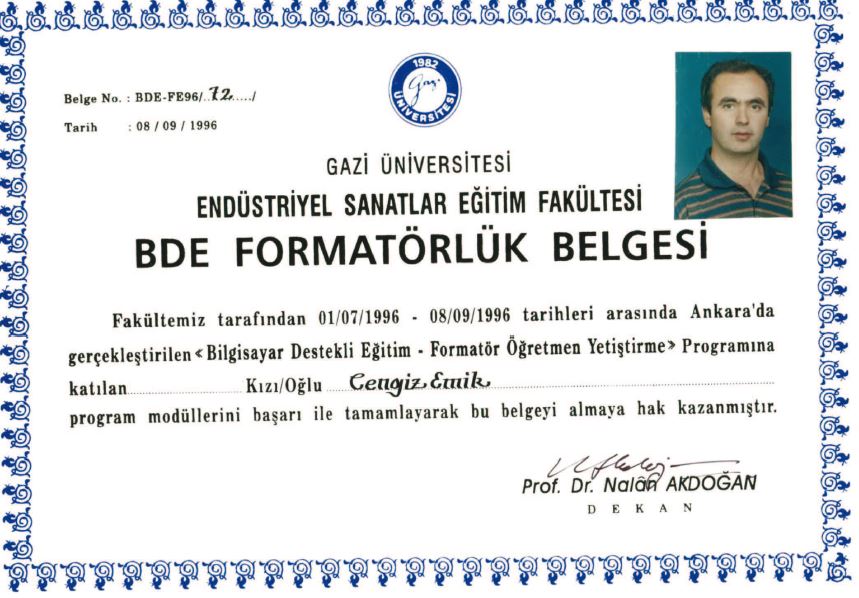 Gazi Üniversitesi Bilgisayar Formatör Öğretmenliği Sertifikası