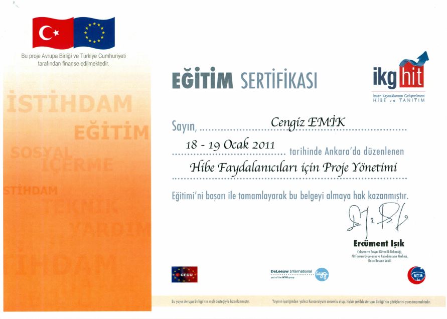 Hibe Faydalanıcıları için Proje Yönetimi Eğitim Sertifikası, 2011