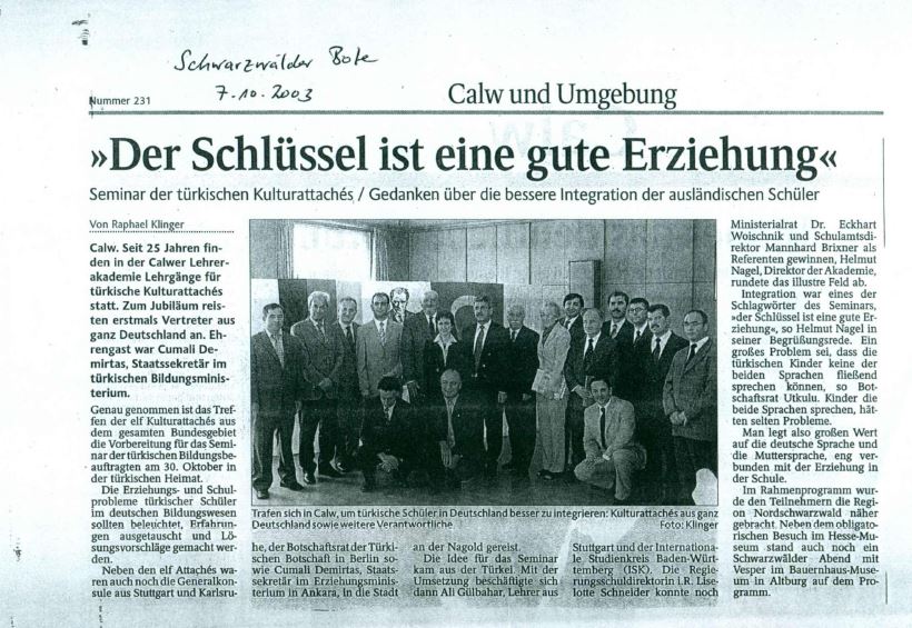 Schwarzwälder Bote - Der Schlüssel ist eine gute Erziehung, Calw'da Eğitim Ataşeleri Semineri, 2003