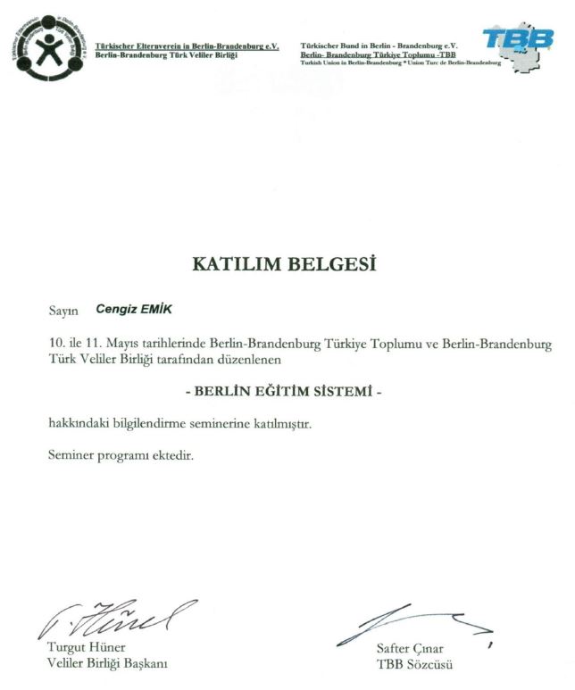 Berlin-Brandenburg Türk Veliler Birliği - Berlin Eğitim Sistemi Bilgilendirme Semineri Katılım Belgesi