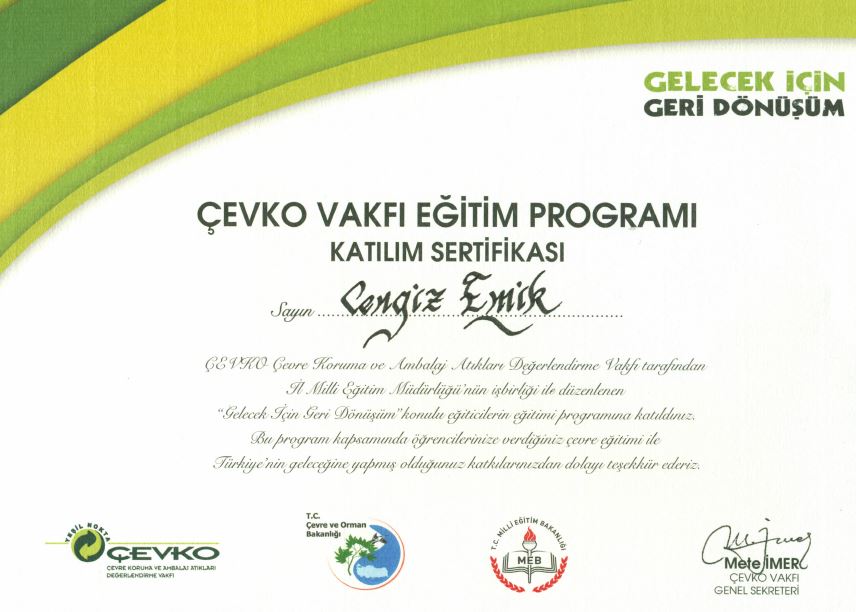 ÇEVKO Vakfı - Gelecek İçin Geri Dönüşüm Eğitim Programı Katılım Sertifikası