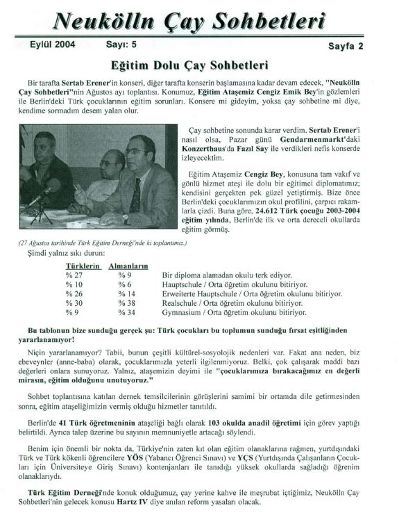 Neuköllin Çay Sohbetleri Bülteni - Eğitim Dolu Çay Sohbetleri, Eylül 2004