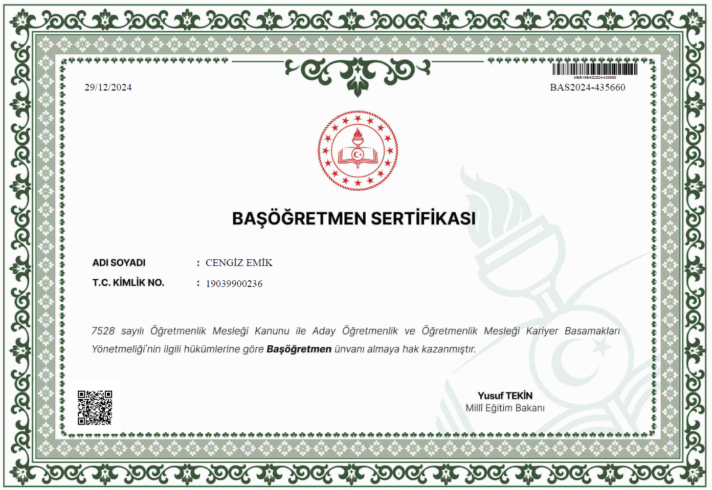 Başöğretmen Sertifikası